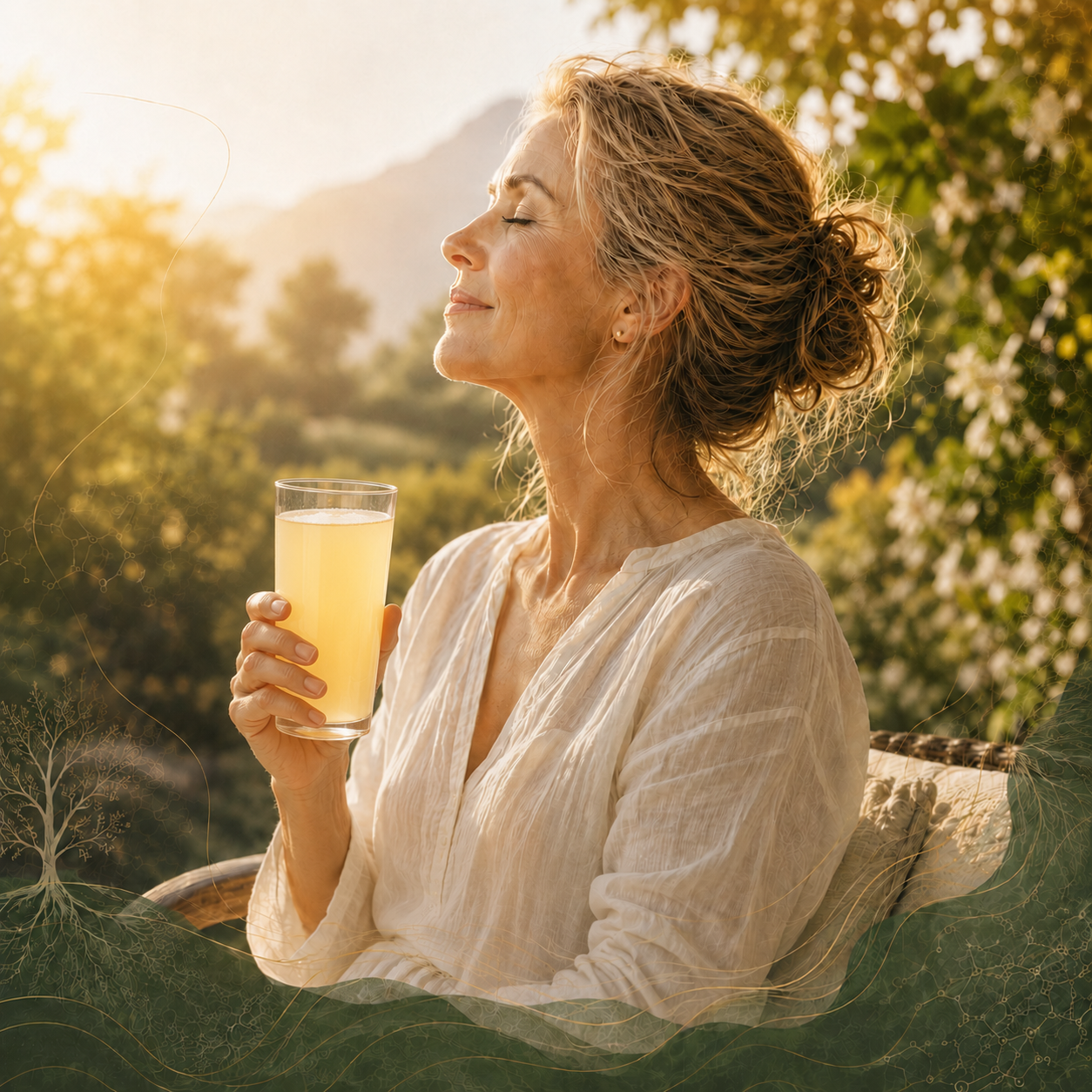 A woman in morning light holding a glass, calm and present.