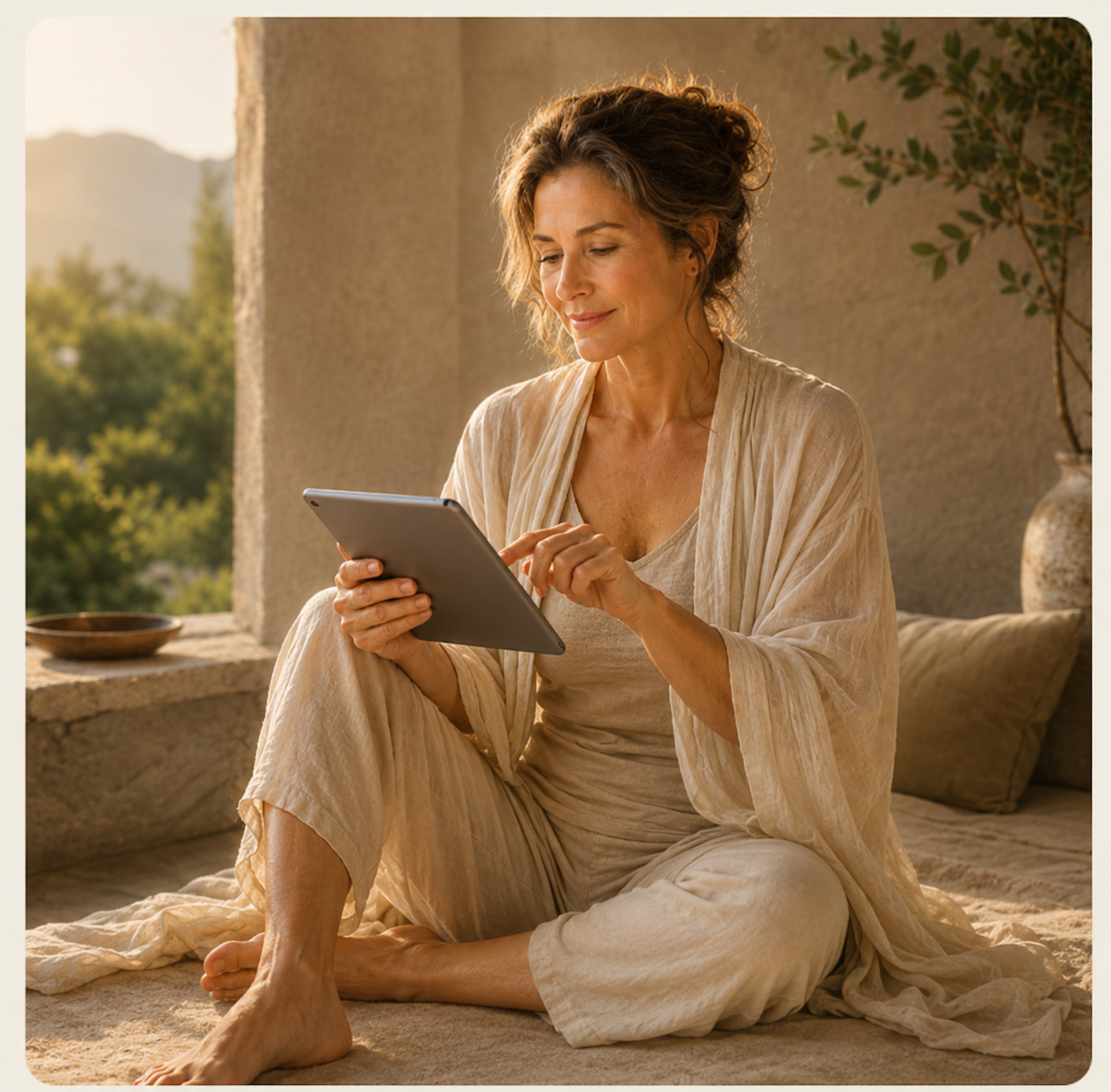 A woman sitting outside with a tablet, calmly reviewing her body audit results.
