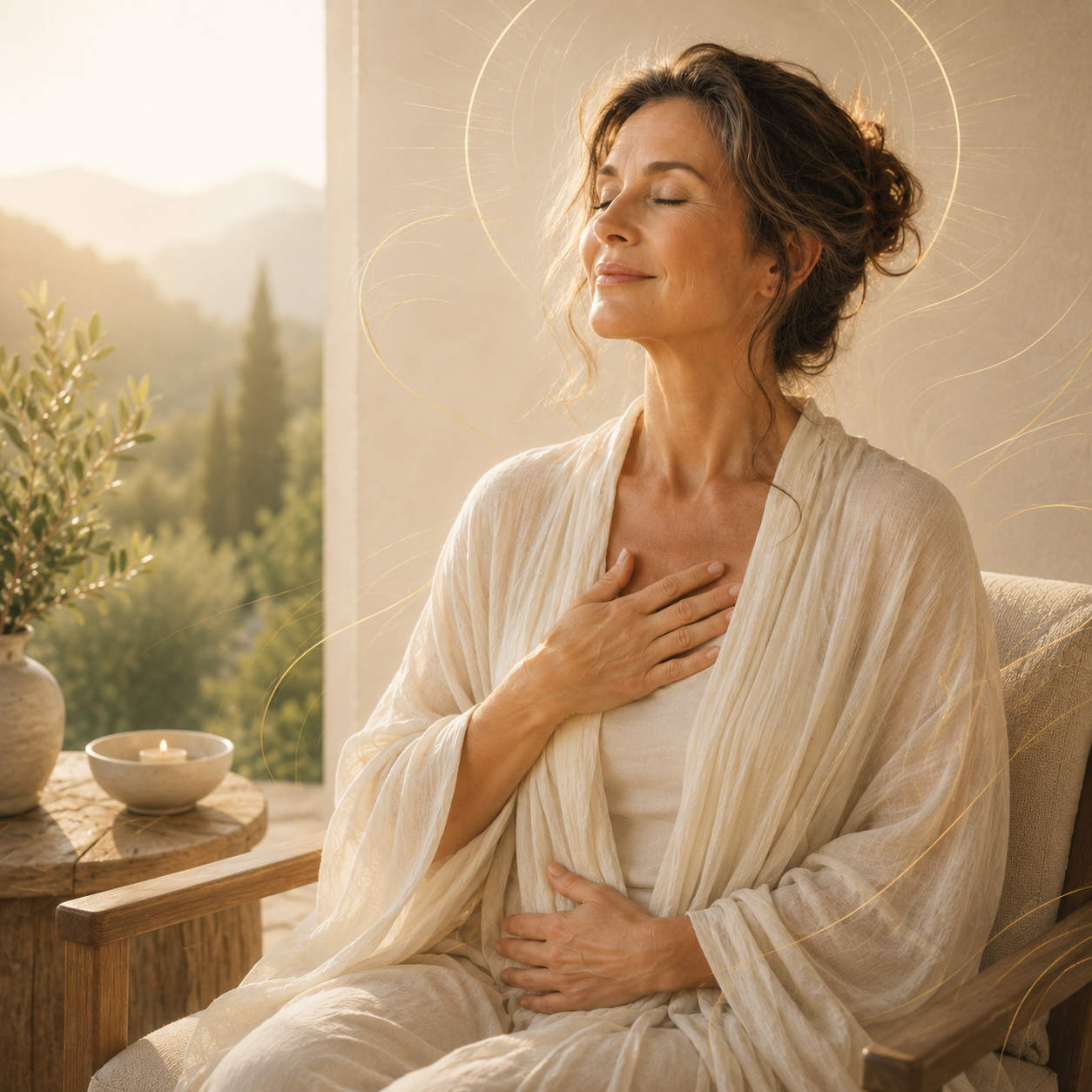 A woman in peaceful stillness, hand over heart, in warm golden light.