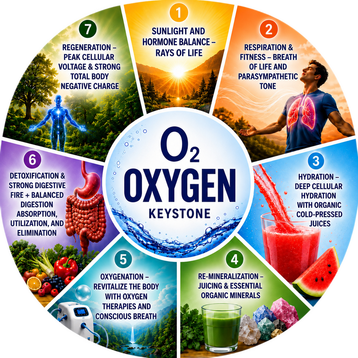 The Seven Forces of Life shown in sequence: Sunlight, Respiration, Hydration, Remineralization, Oxygenation as the keystone, Detoxification, and Regeneration.