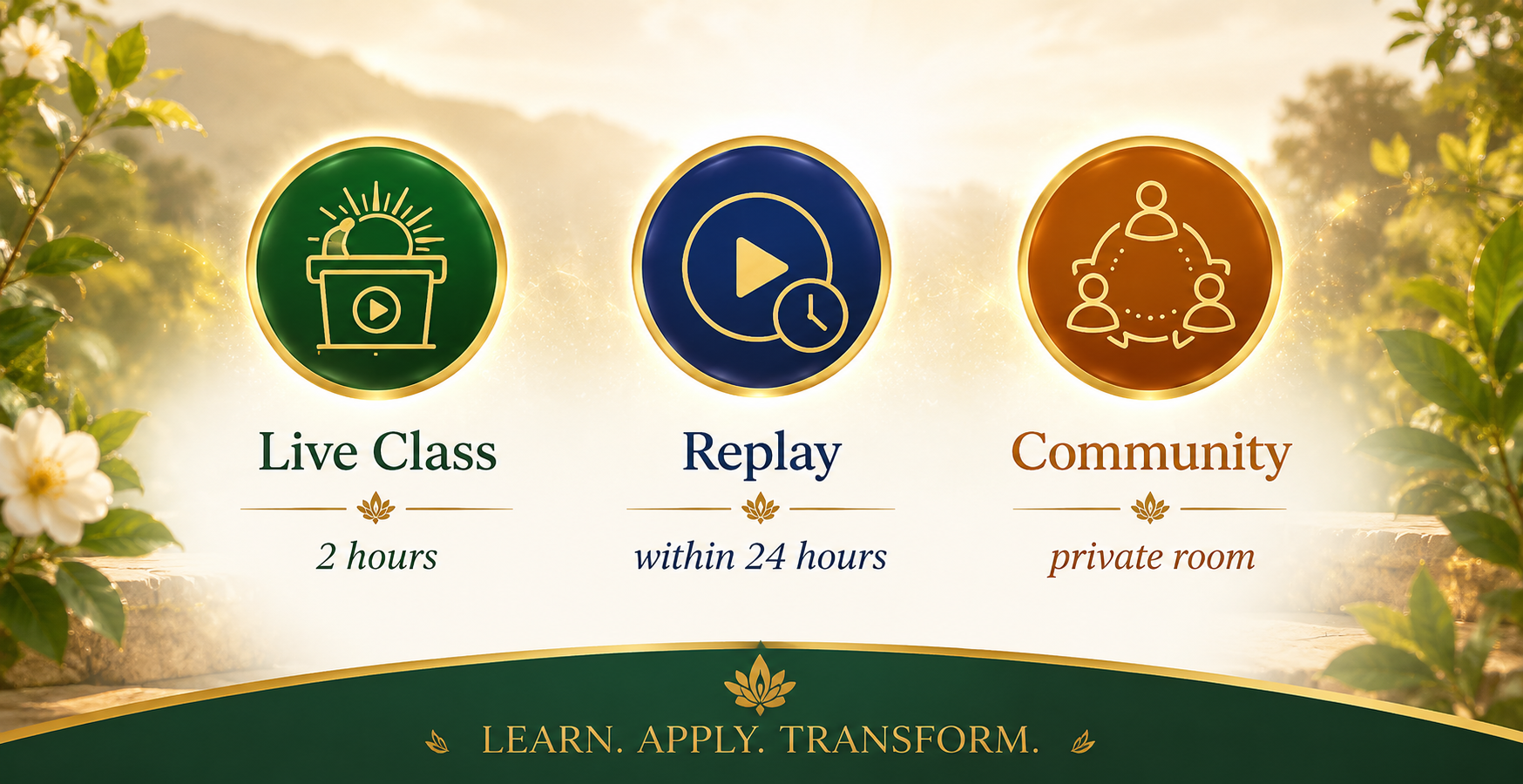 What's included: a two-hour live class, the replay within 24 hours, and a private community room.