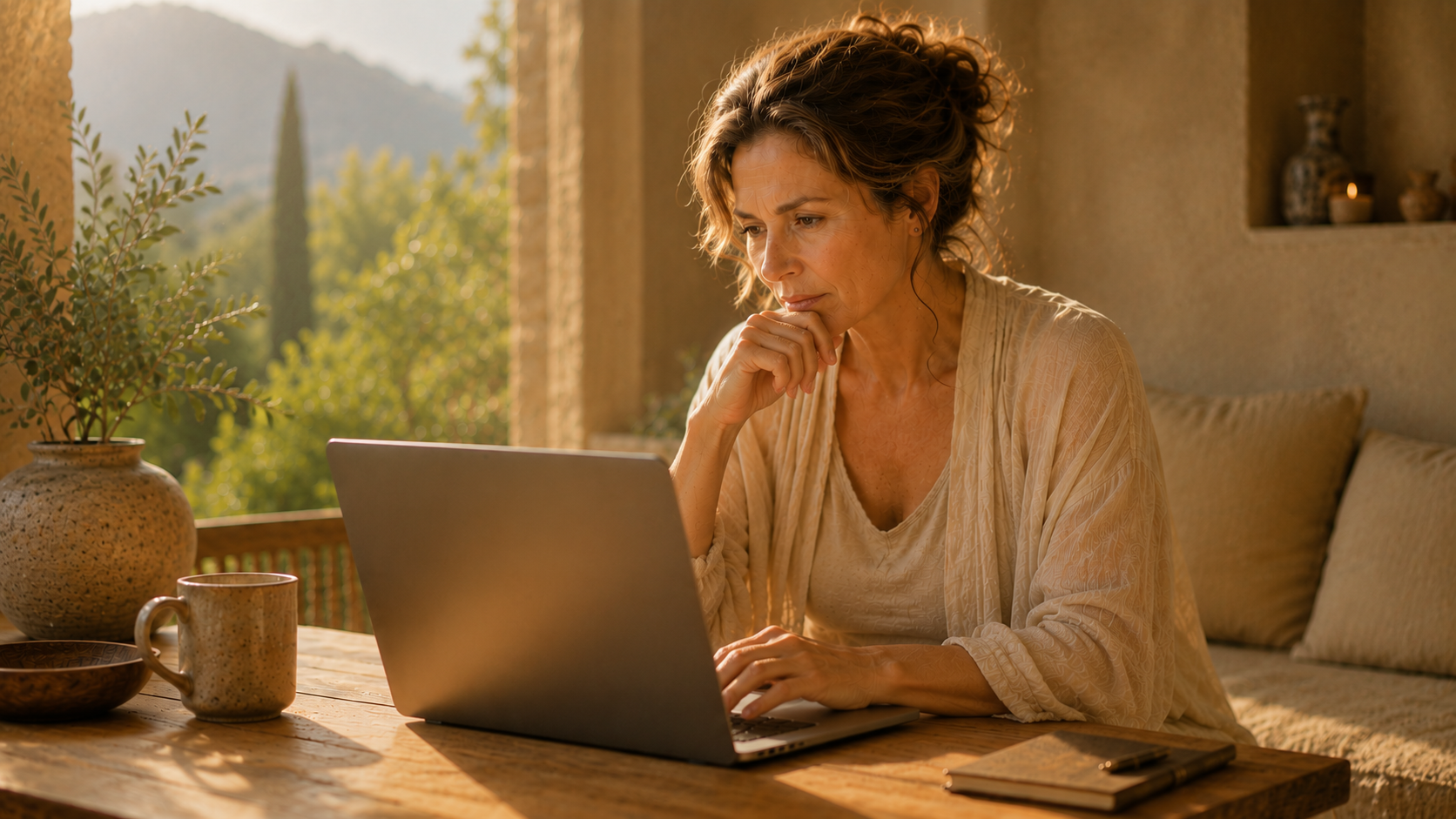 A woman at her laptop, searching for answers, deep in thought.